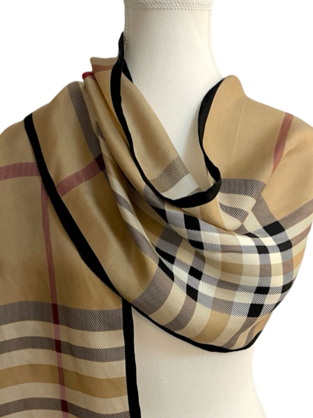 Lord & Taylor 100% Silk Plaid Scarf Beige Tan Black Red